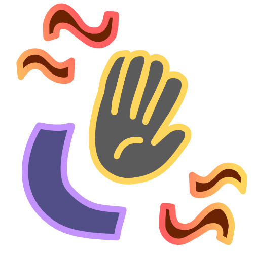 A grey hand outlined in yellow sits at an angle. On the right near the top of the hand, and again on the left near the bottom, are two brown squiggles with a pink to yellow gradient outline. Below the hand and following its curve, is a purple, upside down, arch.